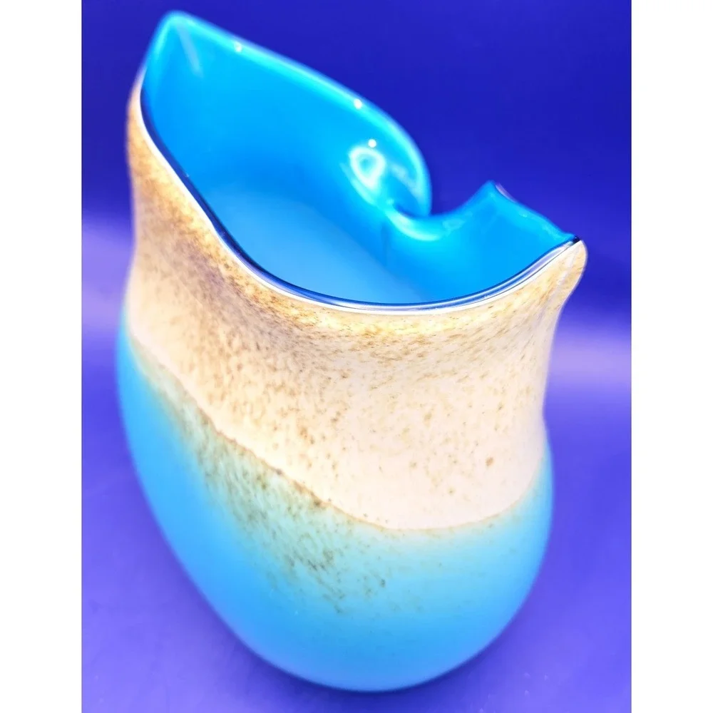 Blenko Style Vase‎ Owl. Vintage Hand Blown. Aqua, Turquoise, and Tan.(#4)